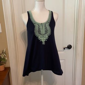 Navy racer back top with mint green embroidery